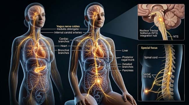 3D complete vagus nerve anatomy from brainstem through neck heart lungs stomach intestines and liver with indirect umbilical connection via T9-T10 spinal afferents to nucleus tractus solitarius brainstem integration hub