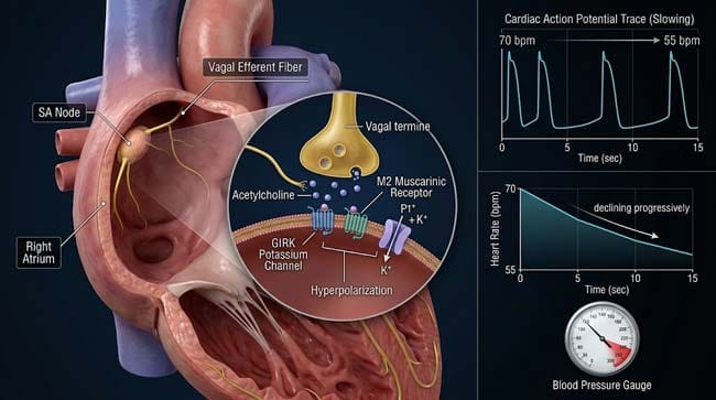 3D visualization of SA node vagal response to belly button stimulation showing acetylcholine binding to M2 receptors GIRK channel opening hyperpolarization and progressive heart rate slowing with simultaneous blood pressure drop