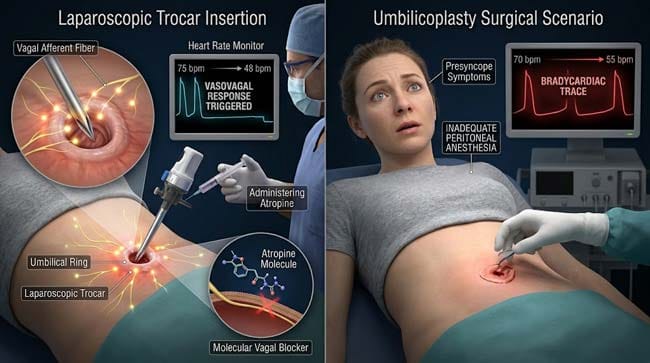 3D clinical visualization of belly button vagus nerve reflex surgical significance showing laparoscopic trocar insertion triggering vasovagal bradycardia requiring atropine and umbilicoplasty presyncope from inadequate peritoneal anesthesia