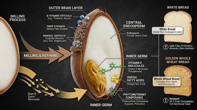 3D cross-section of wheat grain showing bran with B vitamins and fiber germ with vitamin E and healthy fats and endosperm showing how white bread milling removes 75 percent of fiber and 50-80 percent of vitamins leaving only starch
