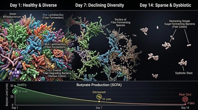 3D gut microbiome time-lapse over 14 days of white bread diet showing rich diverse ecosystem collapsing to sparse dysbiotic community as fiber-fermenting Bifidobacterium and Lactobacillus species decline without dietary fiber substrate