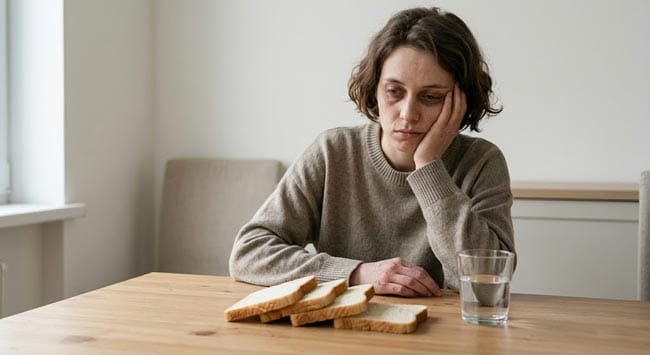 A person sitting with only white bread showing signs of nutritional deficiency including pale skin and dark circles illustrating what happens if you only eat white bread including fiber famine gut microbiome collapse and vitamin mineral deficiencies