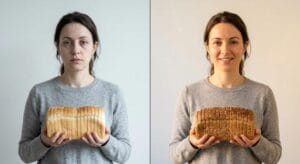 A split comparison showing a person holding white bread looking unhealthy versus holding whole wheat bread looking healthy illustrating the dramatic difference in white bread vs whole wheat bread body effects on blood sugar gut microbiome and cardiovascular health