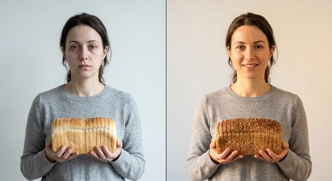 A split comparison showing a person holding white bread looking unhealthy versus holding whole wheat bread looking healthy illustrating the dramatic difference in white bread vs whole wheat bread body effects on blood sugar gut microbiome and cardiovascular health