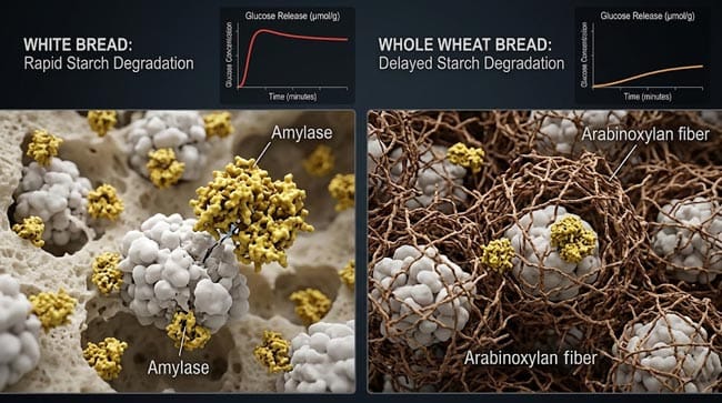 3D molecular comparison of white bread amylase immediate starch access versus whole wheat bread arabinoxylan fiber cage slowing enzyme penetration producing a 40 percent lower and slower blood glucose rise