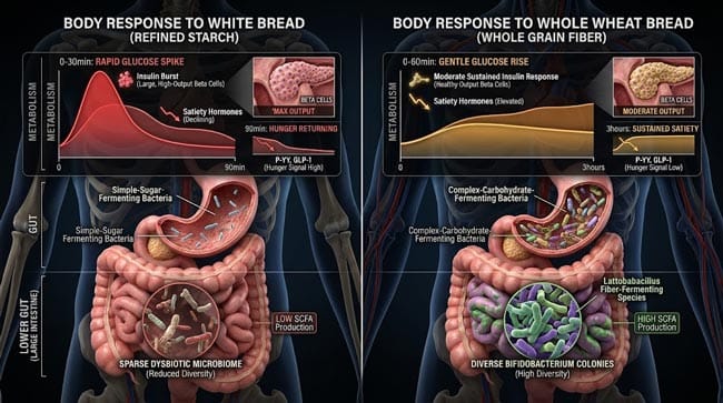 3D side by side body response comparison showing white bread sharp glucose spike large insulin burst and 90 minute hunger return versus whole wheat bread gentle glucose rise sustained satiety hormones and diverse Bifidobacterium gut microbiome