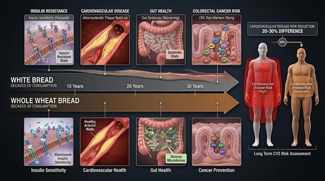 3D long term health timeline comparison of white bread versus whole wheat bread consumption showing progressive insulin resistance arterial plaque and gut dysbiosis from white bread versus maintained metabolic health and 20-30 percent cardiovascular disease risk reduction from whole wheat