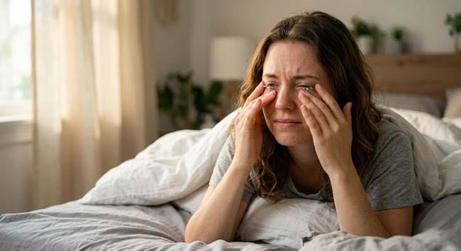 A person waking up struggling to open their eyes due to morning eye discharge illustrating why eyes get stuck shut while sleeping from overnight tear film concentration meibomian secretion accumulation and debris desiccation