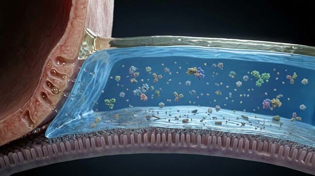 3D cross-section of human eye showing three-layer tear film with lipid layer from meibomian glands aqueous layer with lysozyme proteins and immunoglobulins and mucin layer anchoring the film to the corneal surface