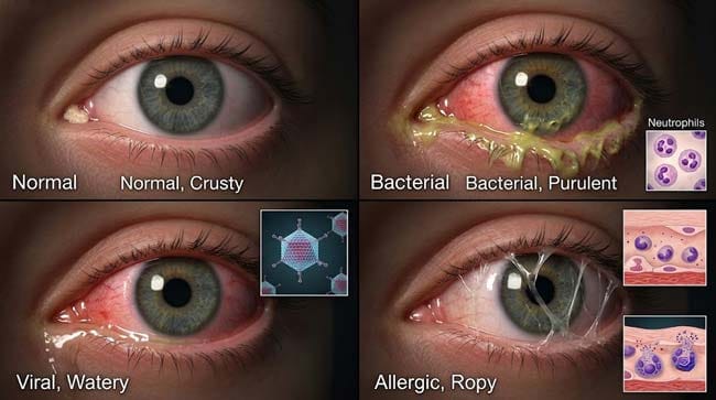 3D comparison of four eye discharge types showing normal morning crust bacterial purulent conjunctivitis viral watery discharge and allergic stringy mucoid discharge to help identify when eye discharge requires medical attention