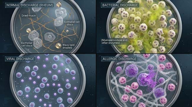 3D molecular composition comparison of four eye discharge types showing normal dried mucin and lipids bacterial neutrophil myeloperoxidase flood viral lymphocyte watery discharge and allergic mast cell mucin overproduction