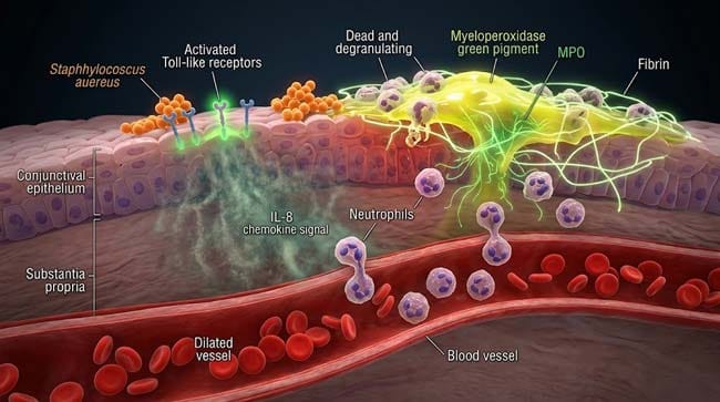 3D cross-section of conjunctival tissue showing bacterial infection cascade with Toll-like receptor activation IL-8 neutrophil recruitment diapedesis myeloperoxidase release and purulent discharge formation