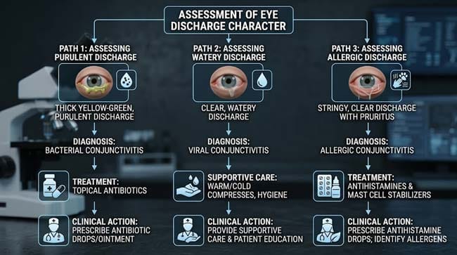 3D clinical decision flowchart for eye discharge showing three branches for bacterial purulent discharge requiring antibiotics viral watery discharge with supportive care and allergic stringy discharge with antihistamine treatment