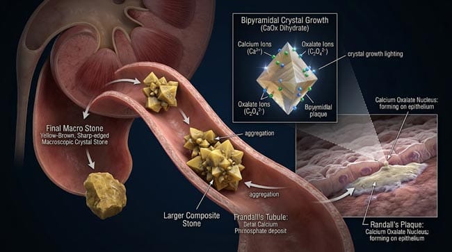3D calcium oxalate kidney stone formation sequence showing crystal nucleation on renal tubular epithelium crystal growth through ion attachment aggregation of multiple crystals and stone detachment from renal papilla into collecting system