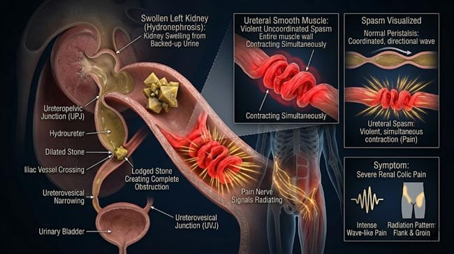 3D cross-section of ureter showing kidney stone lodged at anatomical narrowing causing complete obstruction hydronephrosis from backed-up urine and violent ureteral smooth muscle spasm producing severe renal colic pain