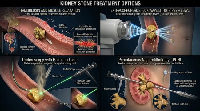 3D four panel kidney stone treatment options showing alpha-blocker muscle relaxation for spontaneous passage shock wave lithotripsy fragmentation holmium laser ureteroscopy and percutaneous nephrolithotomy for large stones