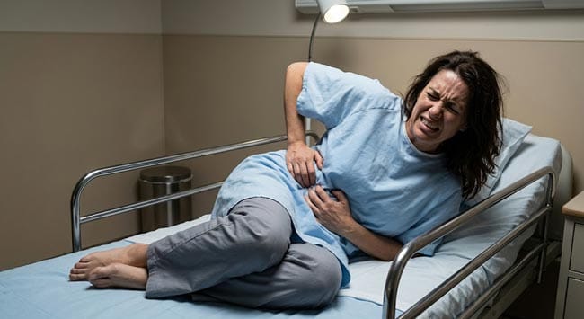 A person in extreme agony clutching their flank unable to find a comfortable position illustrating why kidney stones are so painful from three simultaneous pain sources ureteral spasm renal capsule stretch and referred somatic pain