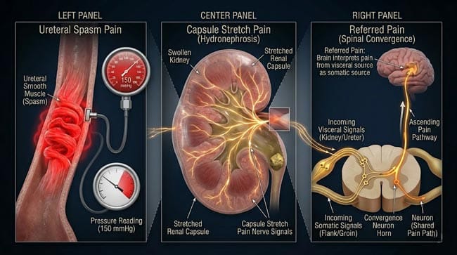 3D three simultaneous kidney stone pain sources showing 150 mmHg ureteral spasm hydronephrotic renal capsule stretch and T10-L1 viscero-somatic convergence referred pain all activating simultaneously to create extreme renal colic