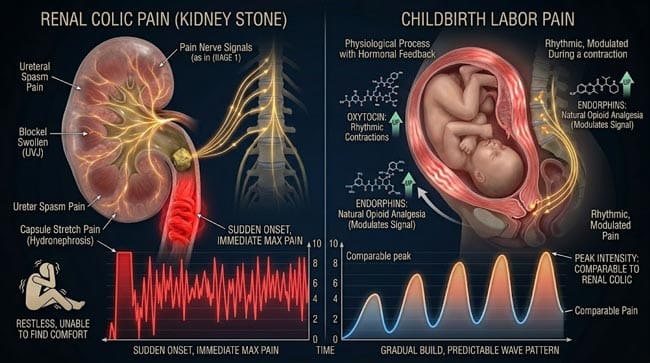 3D scientific pain comparison between kidney stone renal colic and childbirth showing sudden onset maximum intensity colic versus gradual predictable labor waves with hormonal modulation both reaching 9-10 out of 10 pain scale