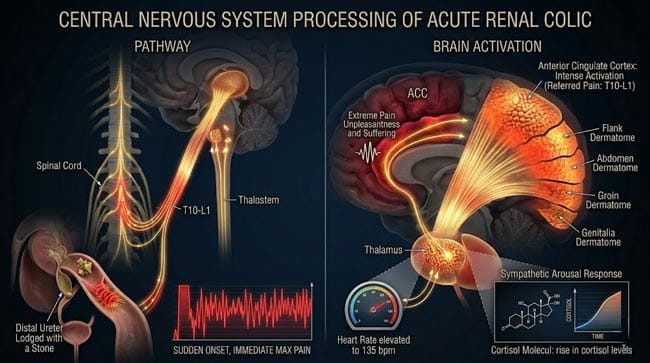 3D brain pain processing during kidney stone showing ascending pathway from ureter to somatosensory cortex with large T10-L1 activation zone anterior cingulate cortex maximum unpleasantness response and thalamic sympathetic arousal during severe renal colic