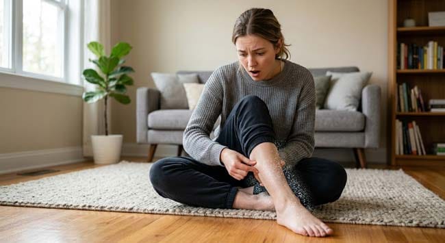 A person sitting cross-legged looking surprised at their numb leg illustrating why the leg falls asleep from peripheral nerve compression ion channel failure and the pins and needles paresthesia sensation during recovery