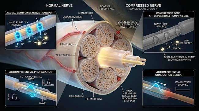 3D cross-section of peripheral nerve showing compression mechanics with vasa nervorum blood vessel collapse sodium-potassium pump ATP failure and action potential propagation stopping at the compressed nerve segment causing leg to fall asleep
