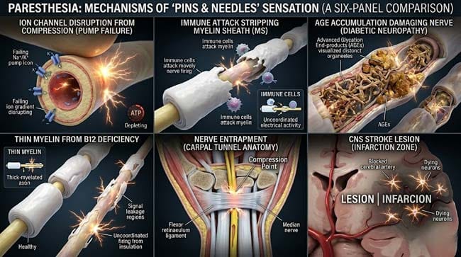 A person looking confused at their tingling hand illustrating what is paresthesia the abnormal sensation of pins and needles produced by spontaneous nerve firing without external stimulus from causes ranging from positional compression to serious neurological conditions