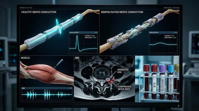 3D diagnostic visualization for paresthesia showing nerve conduction study comparing healthy versus demyelinated nerve responses EMG muscle sampling MRI spine disc herniation and blood tests for B12 glucose and thyroid to identify the cause of chronic tingling