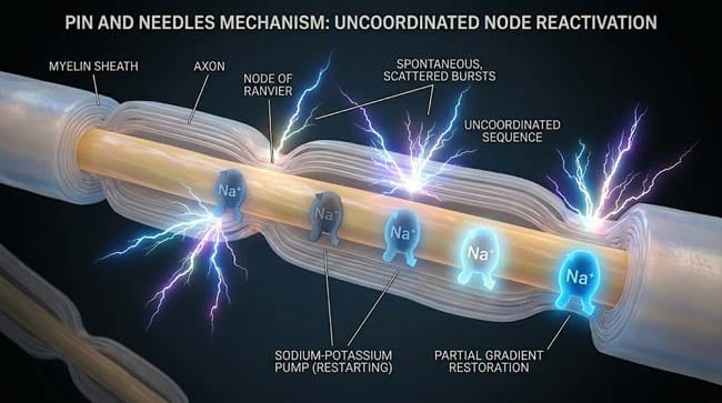 3D visualization of paresthesia pins and needles mechanism showing uncoordinated node of Ranvier reactivation producing spontaneous multi-directional action potentials during peripheral nerve recovery from compression