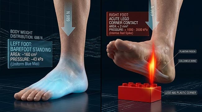 3D pressure concentration physics showing 70kg body weight distributed across 160 square centimeter normal footprint at 43 kPa versus concentrated onto 1-2 square millimeter LEGO corner reaching 1000-3500 kPa causing extreme plantar nociceptor activation