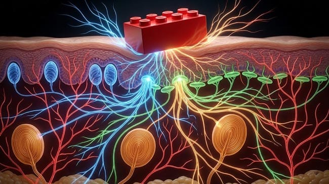 3D cross-section of plantar foot skin showing four mechanoreceptor types Meissner corpuscles Merkel discs Pacinian corpuscles and free nerve ending nociceptors all simultaneously activated by LEGO corner pressure at 200000 nerve endings per square inch density