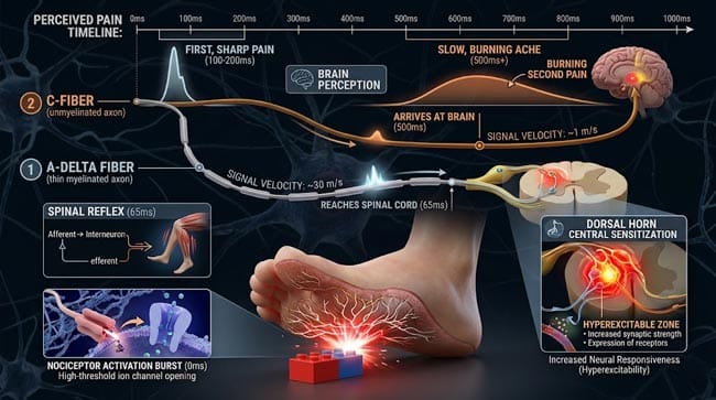 3D LEGO pain signal timeline showing A-delta fiber 65ms spinal withdrawal reflex 100-200ms first sharp pain C-fiber 500ms burning second pain and central sensitization creating temporary plantar hypersensitivity after stepping on LEGO