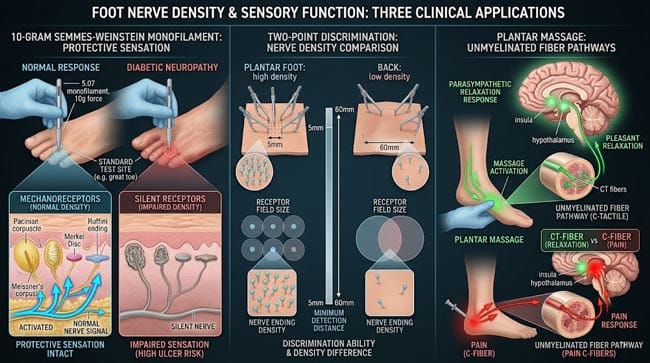 3D three clinical applications of foot nerve density science showing Semmes-Weinstein monofilament neuropathy testing two-point discrimination plantar density comparison and CT fiber pleasant touch activation contrasted with pain C-fiber nociception