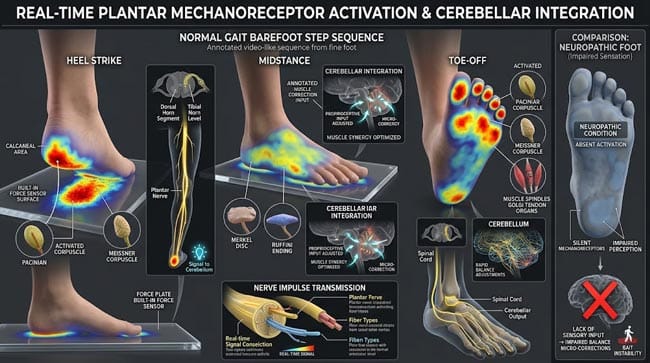 3D real-time mechanoreceptor activation heat map during barefoot walking showing heel strike midstance and toe-off activation patterns with cerebellar balance correction signals and comparison with neuropathic foot showing absent activation and impaired balance