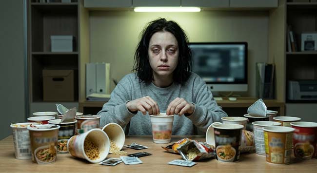 A person surrounded by instant noodle packets looking pale and unhealthy with puffy face and dark circles illustrating what happens if you eat instant noodles for 30 days including sodium damage nutritional deficiencies and cardiovascular risk