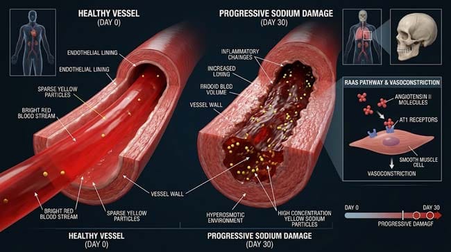 3D comparison of healthy blood vessel versus Day 30 instant noodle diet vessel showing sodium-induced endothelial dysfunction increased blood volume RAAS vasoconstriction and progressive hypertension damage
