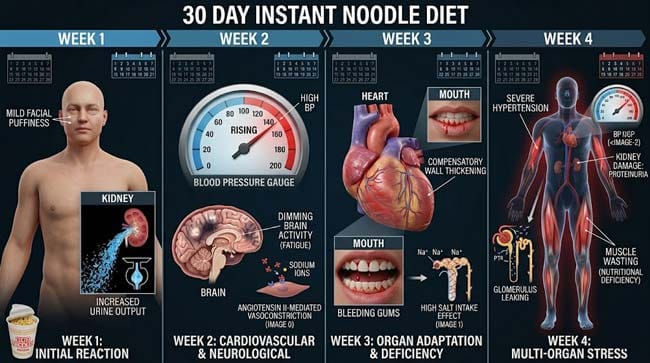 3D four week timeline showing progressive body damage from 30 days of instant noodle diet including fluid retention rising blood pressure heart wall thickening vitamin deficiencies and kidney stress