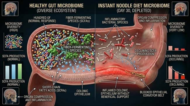 3D comparison of healthy diverse gut microbiome versus depleted instant noodle diet microbiome showing fiber fermenting species decline inflammatory bacteria proliferation and reduced short chain fatty acid production after 30 days