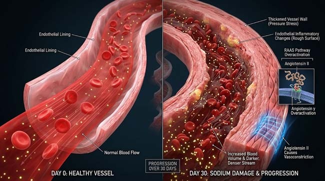 3D comparison of healthy blood vessel versus Day 30 instant noodle diet vessel showing sodium-induced endothelial dysfunction increased blood volume RAAS vasoconstriction and progressive hypertension damage