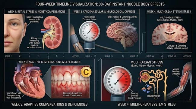 3D four week timeline showing progressive body damage from 30 days of instant noodle diet including fluid retention rising blood pressure heart wall thickening vitamin deficiencies and kidney stress