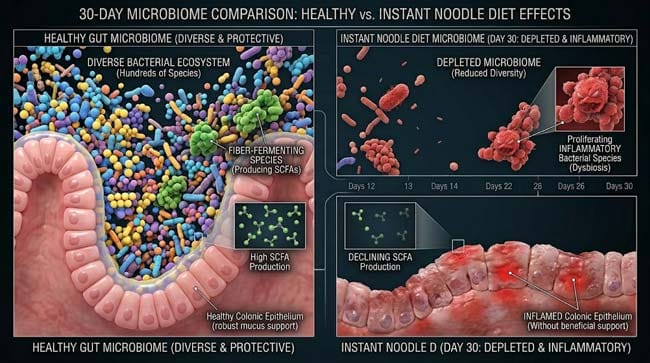 3D comparison of healthy diverse gut microbiome versus depleted instant noodle diet microbiome showing fiber fermenting species decline inflammatory bacteria proliferation and reduced short chain fatty acid production after 30 days