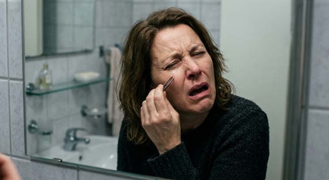 A person wincing while plucking nose hairs with tweezers illustrating why you should never pluck nose hairs due to the follicle wound created in the danger triangle and the bacterial pathway to the cavernous sinus