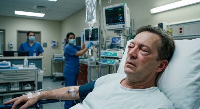 A severely ill patient in emergency room with eye proptosis from cavernous sinus thrombosis illustrating the life-threatening brain infection that can develop from nose hair plucking through the facial danger triangle venous pathway