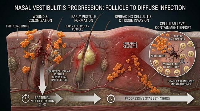 3D cross-section showing nasal vestibulitis progression from plucked follicle wound with Staphylococcus aureus colonization spreading cellulitis and coagulase micro-thrombi formation that enables retrograde venous seeding