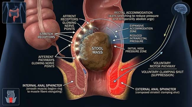 3D cross-section of rectum showing defecation reflex with stretch receptor activation internal sphincter relaxing and external sphincter voluntarily clamping shut during stool holding with rectal accommodation reducing pressure