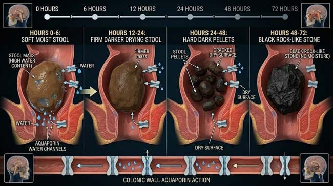3D four-panel timeline showing progressive stool desiccation from soft moist mass to rock-hard stone over 72 hours of retention with colonic aquaporin water channels continuously extracting water content