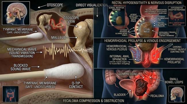 3D visualization of chronic stool holding complications showing rectal hyposensitivity from stretch receptor fatigue hemorrhoidal engorgement from straining and fecaloma compressing adjacent organs