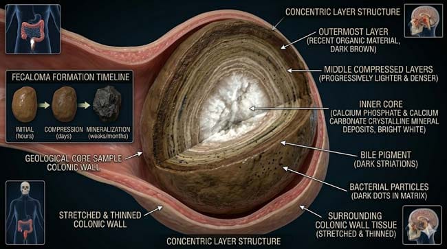 3D geological cross-section of fecaloma showing concentric layers from recent organic outer material to calcium phosphate mineralized inner core illustrating how chronic stool retention creates stone-like compacted masses