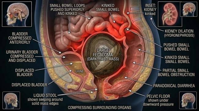 3D cross-section of pelvis showing large fecaloma compressing bladder causing urinary retention kinking ureter causing hydronephrosis obstructing small bowel and producing paradoxical diarrhea through liquid overflow