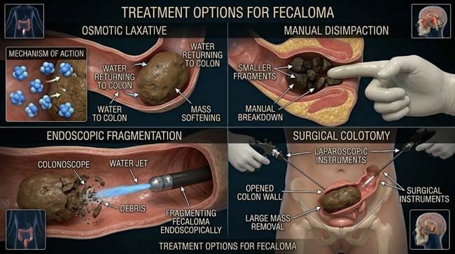 3D four-panel visualization of fecaloma treatment options showing osmotic laxative softening manual disimpaction endoscopic water jet fragmentation and surgical colotomy for large inaccessible fecal stone masses